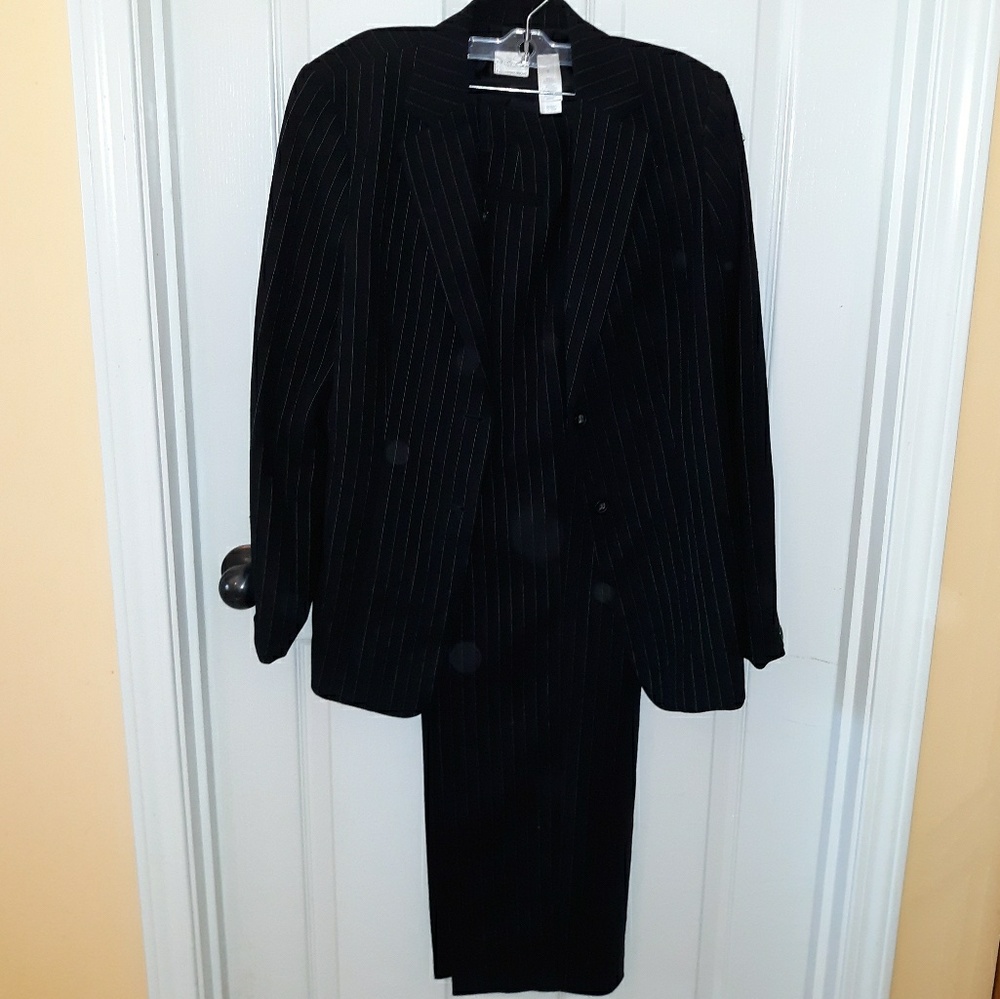 Black and white pin stripe suit